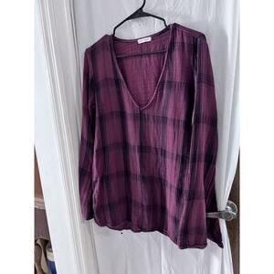 Free People X CP Shades Burgundy Plaid Gauzy Cotton Flare Sleeve Top M Boho